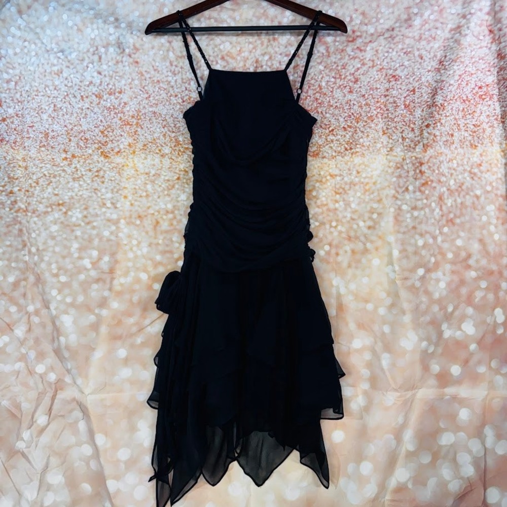 Y2K Black Ruched Handkerchief Hem Cocktail Dress Silk Layered Chiffon Party Goth